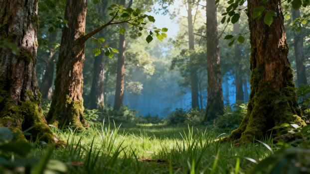 Sunlight filters through tall trees illuminating a lush green forest floor pathway photo