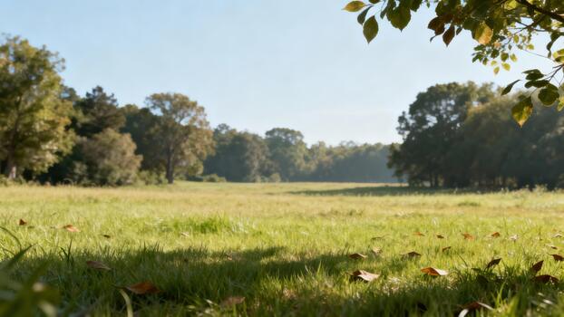Open grassy field surrounded by dense forest under a bright blue sky photo