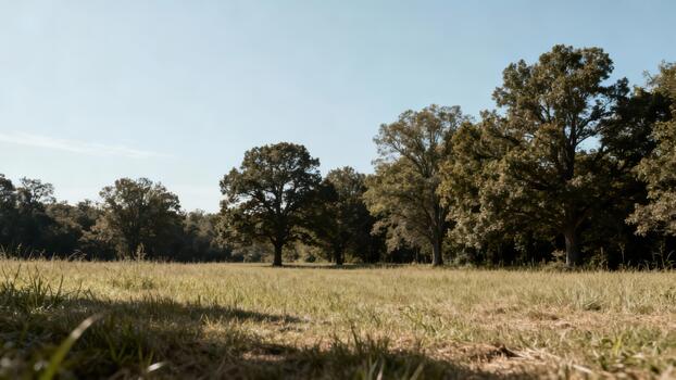 Expansive grassy field bordered by a line of mature deciduous trees under a bright daytime sky photo