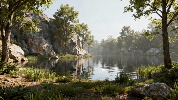 Sunlight filters through trees illuminating a tranquil forest lake bordered by large rock formations. photo
