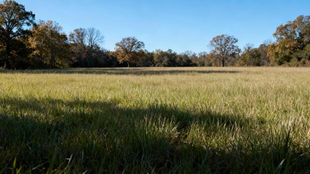 Open grassy field stretches toward a distant line of trees under a clear blue sky photo