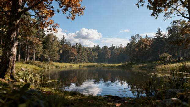 Sunlight filters through dense foliage illuminating a tranquil forest lake during autumn transition. photo