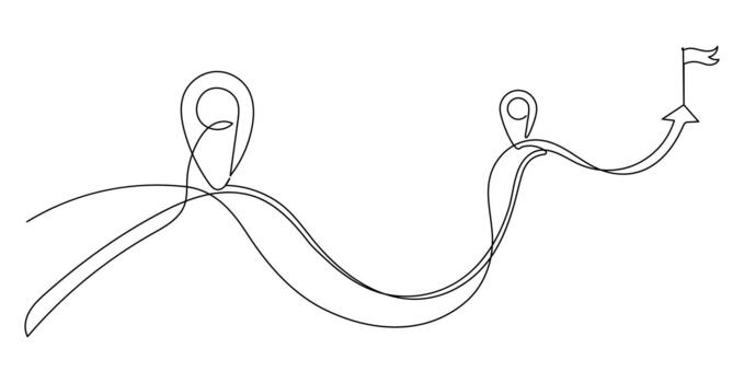 One Line Art Journey Path. Continuous Line Drawing of Route Map with Destination Flag vector