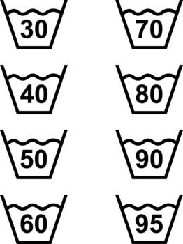 Washing temperature settings. Clothing marking. Warning symbol. Information about safe washing temperatures on the clothing label. A set of labels with numerical values for washing modes. vector