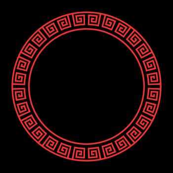 decorativo circular marco presentando el griego llave meandro modelo en brillante rojo en contra un sólido negro antecedentes. esta clásico motivo crea un atrevido, geométrico frontera vector