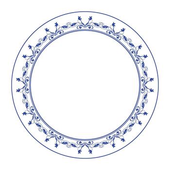 Classic round frame with blue floral pattern on a white background. Circular ornamental frame an intricate pattern of swirling motifs. Refined aesthetic. Template for laser cutting, plate, porcelain. vector
