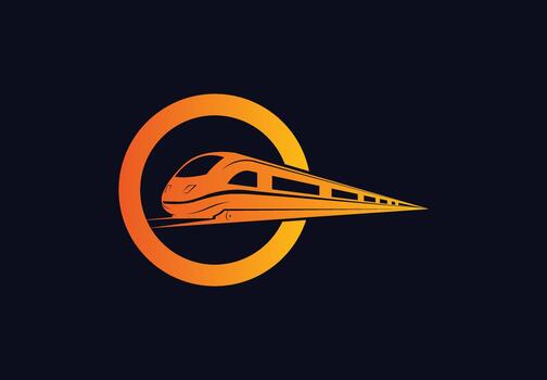 Modern highspeed train logo design featuring a sleek silhouette within a circular frame, symbolizing transportation and efficiency, isolated on dark background vector