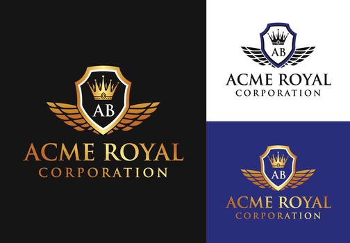 Elegant logo design with a golden shield, crown, and wings, perfect for a luxury brand or corporate identity, conveying sophistication and prestige vector