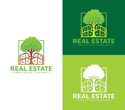 Modern real estate logo design isolated on white background with tree and building in a square frame, suitable for real estate companies and branding needs vector