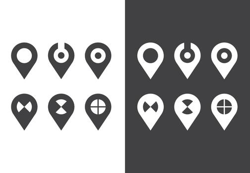 Collection of black and white map pointer icons, showcasing diverse location symbols for navigation and design projects vector