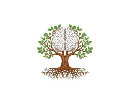 Brain tree with roots logo isolated on white background representing knowledge, growth, and connection, ideal for educational or environmental brands vector