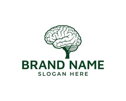 Brain tree logo with green leaves isolated on white background, symbolizing intelligence, growth, and knowledge for a brand identity vector