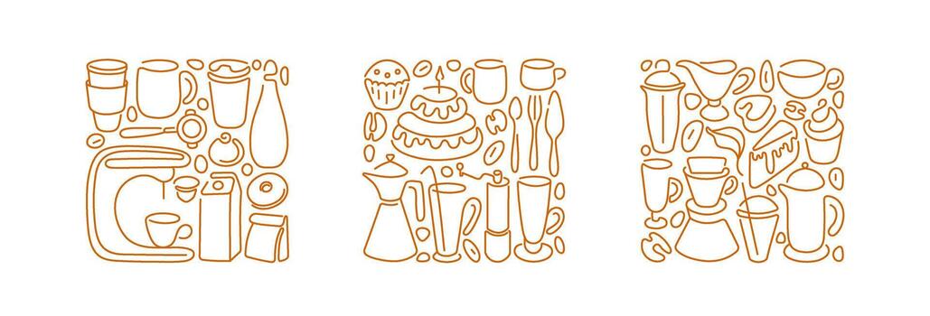 Coffee, tea, bakery line design. Sketch square set vector