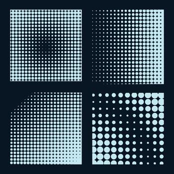 Halftone pattern texture with four square shapes, varying different dot densities, shadow and arrangements. vector