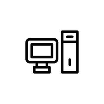 A simple line art icon depicting an old-fashioned computer monitor and a vertical tower unit. Business and Management single line icon UI design. vector