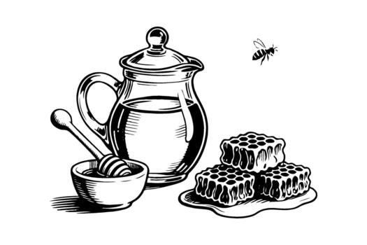 A honey jar with dipper, honeycomb, and bee drawn in hand-drawn sketch style on white background, representing natural sweetness concept vector
