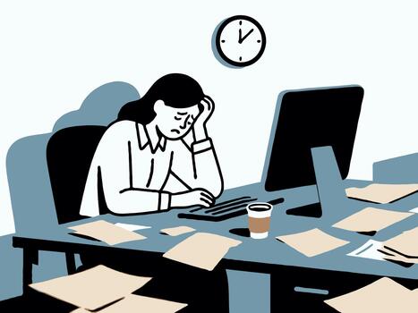 Woman looking stressed at cluttered desk with computer and papers in minimal flat style, white background, concept of overwork and burnout vector