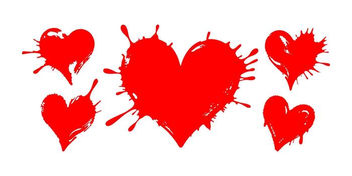 Multiple red paint splatter hearts with expressive drips and splashes on clean white background, representing abstract love emotion vector
