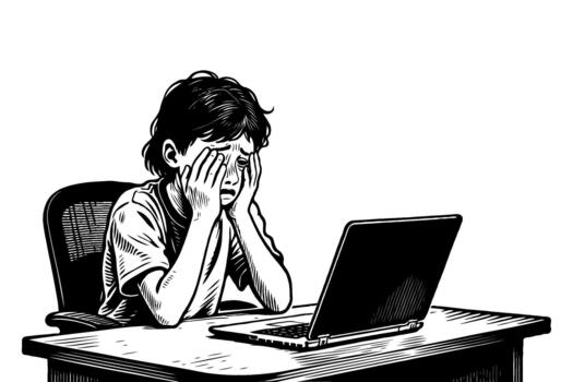 Exhausted child rubbing eyes in front of laptop, hand-drawn ink style on white background, concept of screen fatigue and digital overload vector