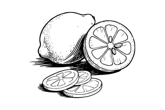 Whole lemon, halved lemon, and slices in hand-drawn sketch style on white background, representing citrus fruit and organic food concept vector