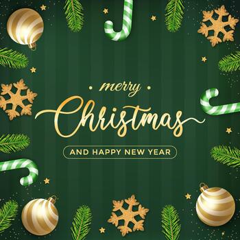 Merry Christmas And Happy New Year Greeting With Gold Script On Green Background vector