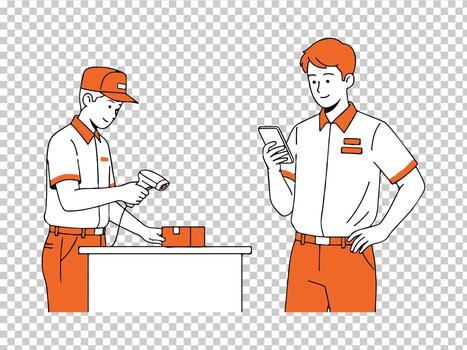 hombre exploración un paquete con un código de barras escáner. vector