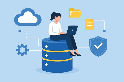 Woman working on laptop connected to cloud database and security shield vector