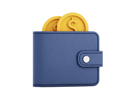 Blue wallet with button clasp holding two gold coins, symbolizing savings, finance, and secure money management, isolated on transparency background, modern and minimal style png