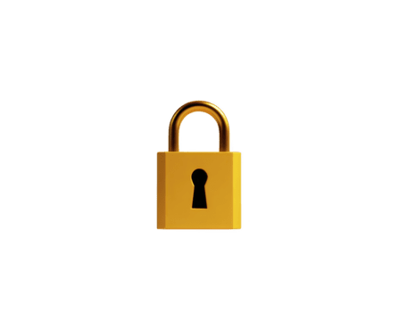 Golden padlock security protection privacy safety metallic isolated closed shiny simple minimal design on transparency background symbolizing trust and secure access png