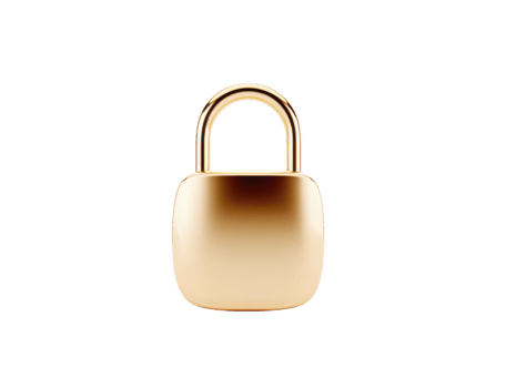 Golden padlock shiny metallic security lock isolated on transparency background modern minimal design safety concept secure protection elegant style luxury object no keyhole visible png