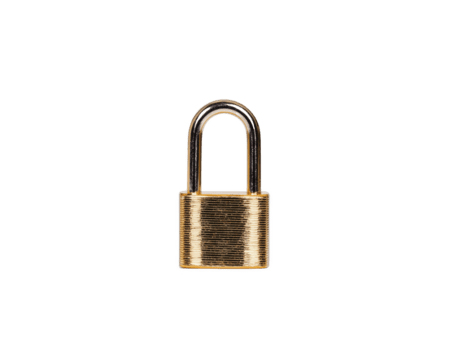 Brass padlock security safety protection metal closed isolated vertical shiny object on transparency background symbolizing privacy and trust in simple minimalistic style png