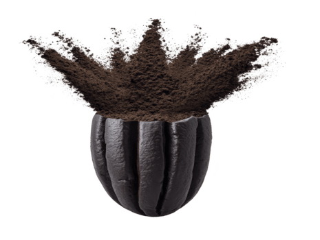 Cocoa pod with dark brown cocoa powder bursting out, isolated on transparency background, symbolizing freshness, energy, and creativity in food and beverage concepts png