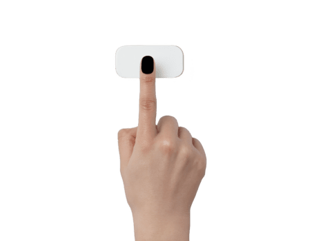 Hand pressing white button, isolated on transparency background, with finger extended and dark nail polish, concept of technology, interaction, and modern interface design png