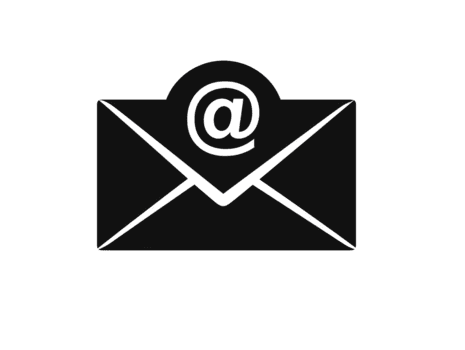 correo electrónico icono sobre con a símbolo, negro y blanco, aislado en transparente fondo, sencillo comunicación símbolo para web, digital, y negocio utilizar png