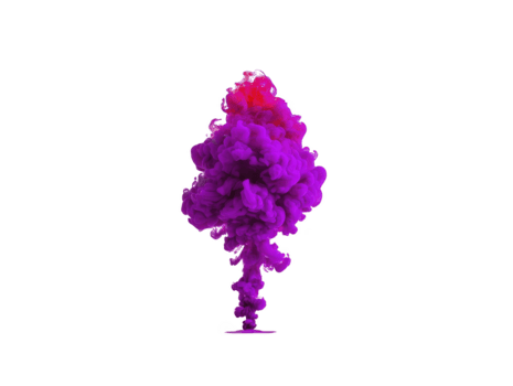 Vibrant purple and pink ink cloud swirling in water, isolated on transparency background, creating dramatic, abstract, and artistic effect with soft, billowing shapes and dynamic movement png