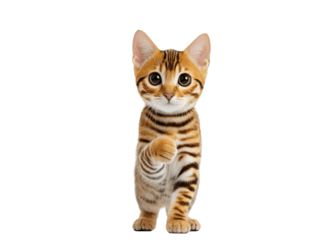 Bengal cat kitten standing upright with one paw raised, isolated on transparency background, displaying playful and curious expression, large eyes, and distinctive striped fur pattern png