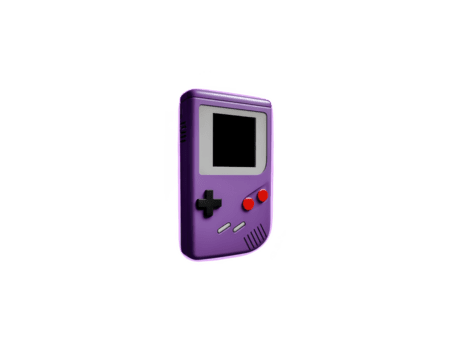 Purple handheld game console with retro design, black control pad, red buttons, and blank screen, isolated on transparency background, evokes nostalgia and playful mood png