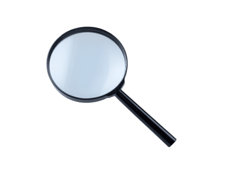 Magnifying glass with black handle, isolated on transparency background, used for searching, inspection, and investigation, clear lens, simple design png
