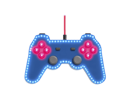 Blue game controller with glowing LED lights, red buttons, and wired connection, isolated on transparent background, modern design, playful and energetic vibe png