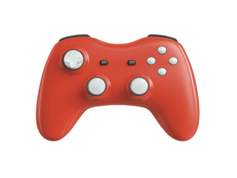 Red game controller with white buttons, modern design, isolated on transparent background, suitable for gaming, technology, and entertainment concepts, evoking excitement and fun png