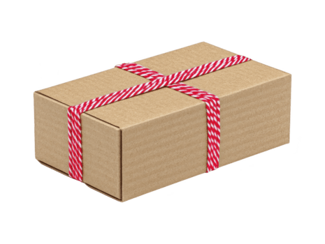 bruin karton doos met rood en wit draad gebonden in kruis patroon, geïsoleerd Aan transparantie achtergrond, perfect voor geschenk, Verzenden, of verpakking concepten, gemakkelijk en feestelijk png