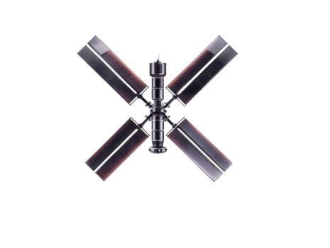 espacio estación con cuatro extendido solar paneles, aislado en transparencia fondo, caracteristicas moderno tecnología y futurista diseño, adecuado para ciencia, exploración, y innovación conceptos png