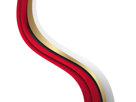 Curved red, gold, black, and white ribbon design with smooth flowing lines on transparent background, creating modern and elegant abstract shape for decoration or graphic projects png