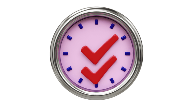 Pink clock with blue hour markers and two bold red check marks, symbolizing time management, productivity, and task completion, transparency background, conveying sense of achievement png