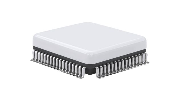 branco microchip integrado o circuito eletrônico componente quadrado forma isolado em transparente fundo moderno tecnologia hardware fechar acima metálico alfinetes digital dispositivo png