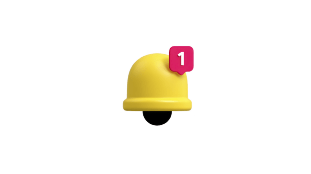 Yellow notification bell icon with red alert badge, modern 3D style, isolated on transparent background, symbolizing new message or reminder, cheerful and minimal design png