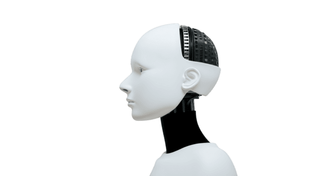 artificiell intelligens robot huvud profil, vit humanoid ansikte, utsatt mekanisk komponenter, trogen teknologi, känslokall uttryck, isolerat på transparent bakgrund png