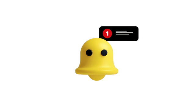 Yellow bell icon with black eyes and notification symbol, 3D illustration, isolated on transparency background, representing alert, reminder, or message notification in cheerful and modern style png