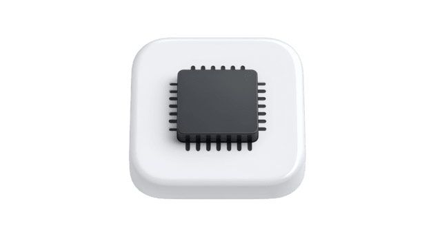 Microchip icon, black square chip with pins on white rounded square background, symbolizing technology, electronics, innovation, and digital hardware in modern, minimal style png