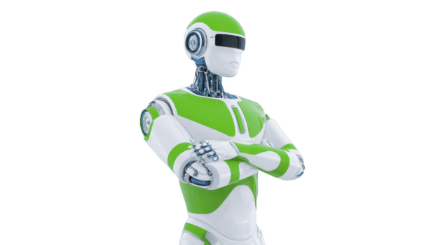futurista humanoide robot con verde y blanco cuerpo, en pie con brazos cruzado, mostrando confianza y avanzado tecnología, aislado en transparente antecedentes png